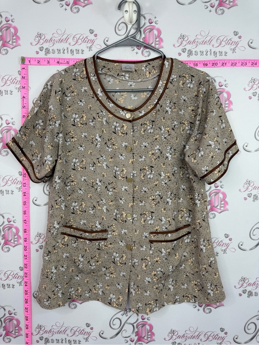 Shirt vintage Floral Button-Front Short Sleeve Top with Contrast Trim